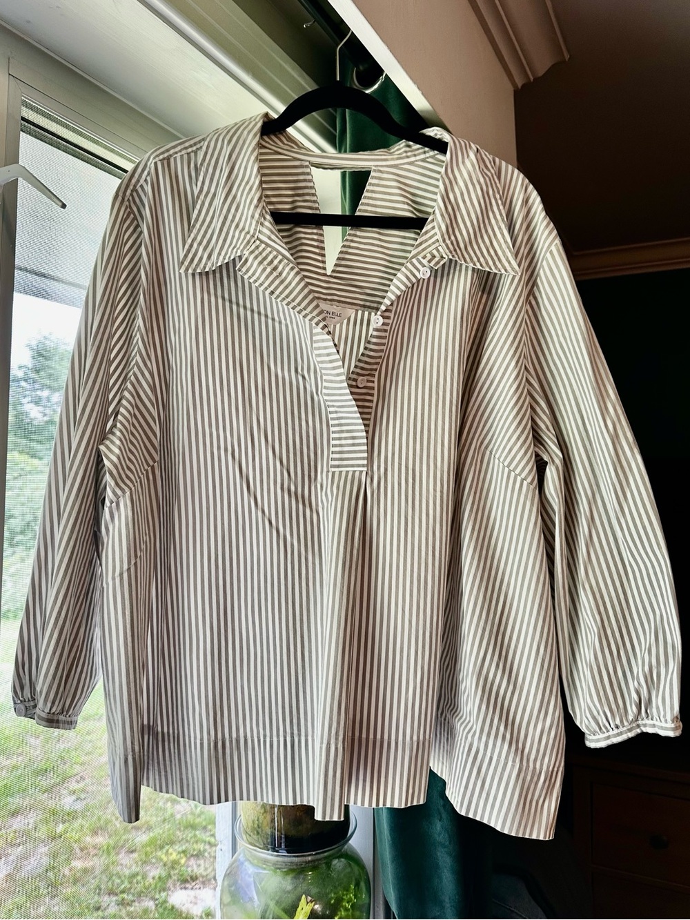 Addition Elle Beige and White Striped Button-Front Shirt